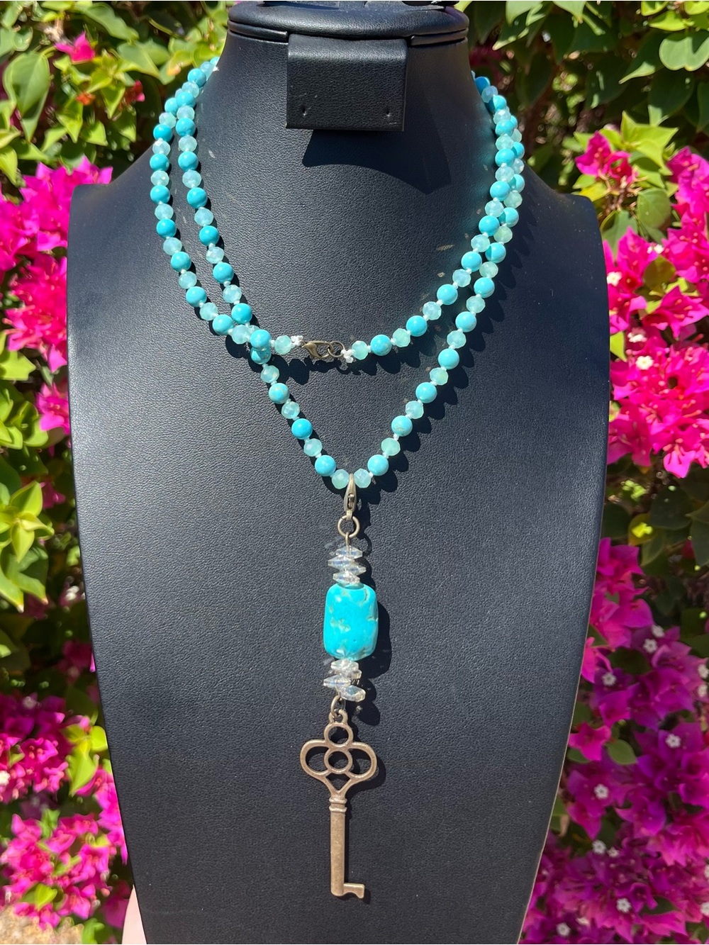 Turquoise Bead Necklace with Skeleton  Key Pendant NWOT